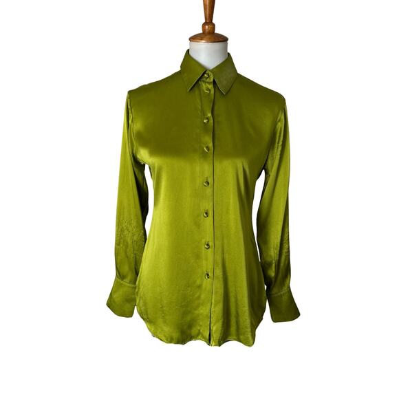 Vintage Chartreuse Silk Blouse with Covered Buttons – Size Small - Picture 1 of 7